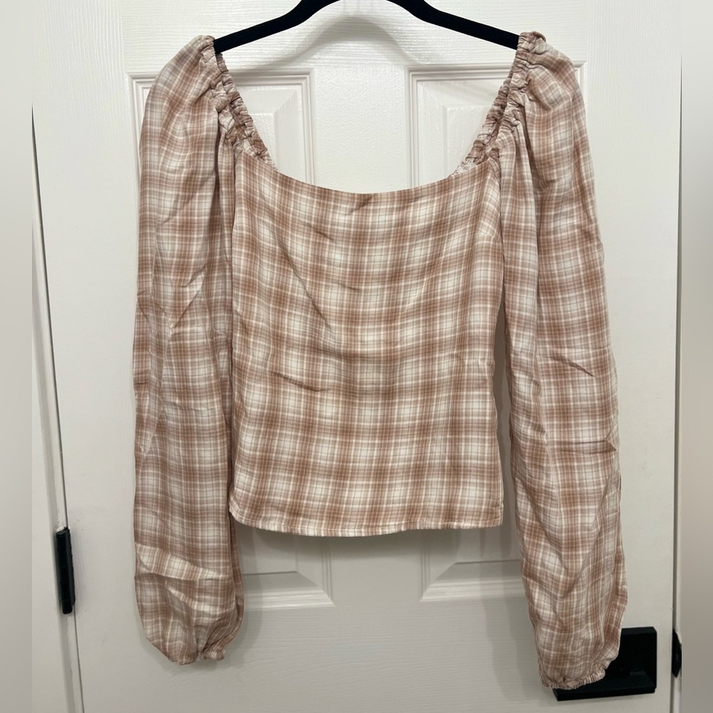 Abercrombie & Fitch Tan Cream Plaid Puff Sleeve Blouse - XS